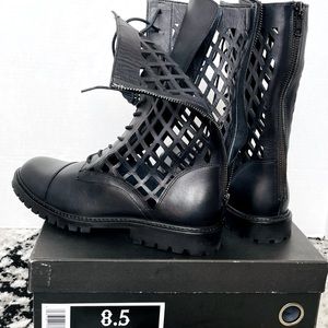 💚💚 WINDSOR Real Black Leather, Cutout Boots, back zipper, front lace-up